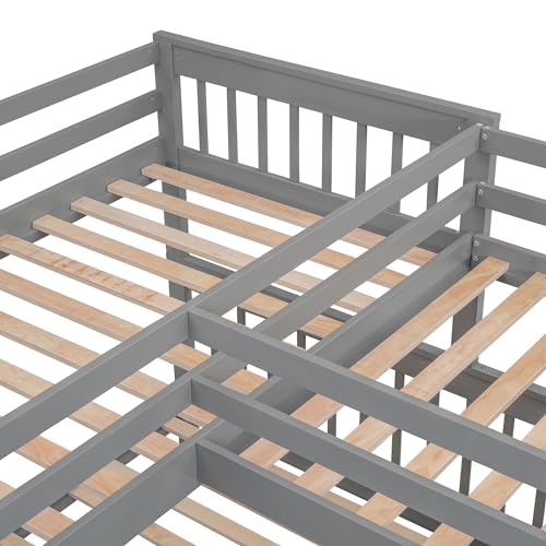 L-Shape Triple Bunk Beds with Stairs and Desk, Wood Twin-Over-Full Bunk Bed with Storage Wardrobe, Shelves and Drawers