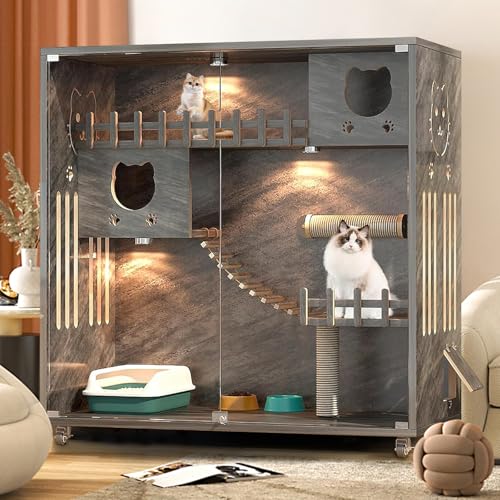 Enclosed Cat Condo, Large Space Cat Cage with Scratching Post, Wooden Indoor/Outdoor Cat Enclosure, Multi-Feature Cat Houses Ventilation Glass Doors