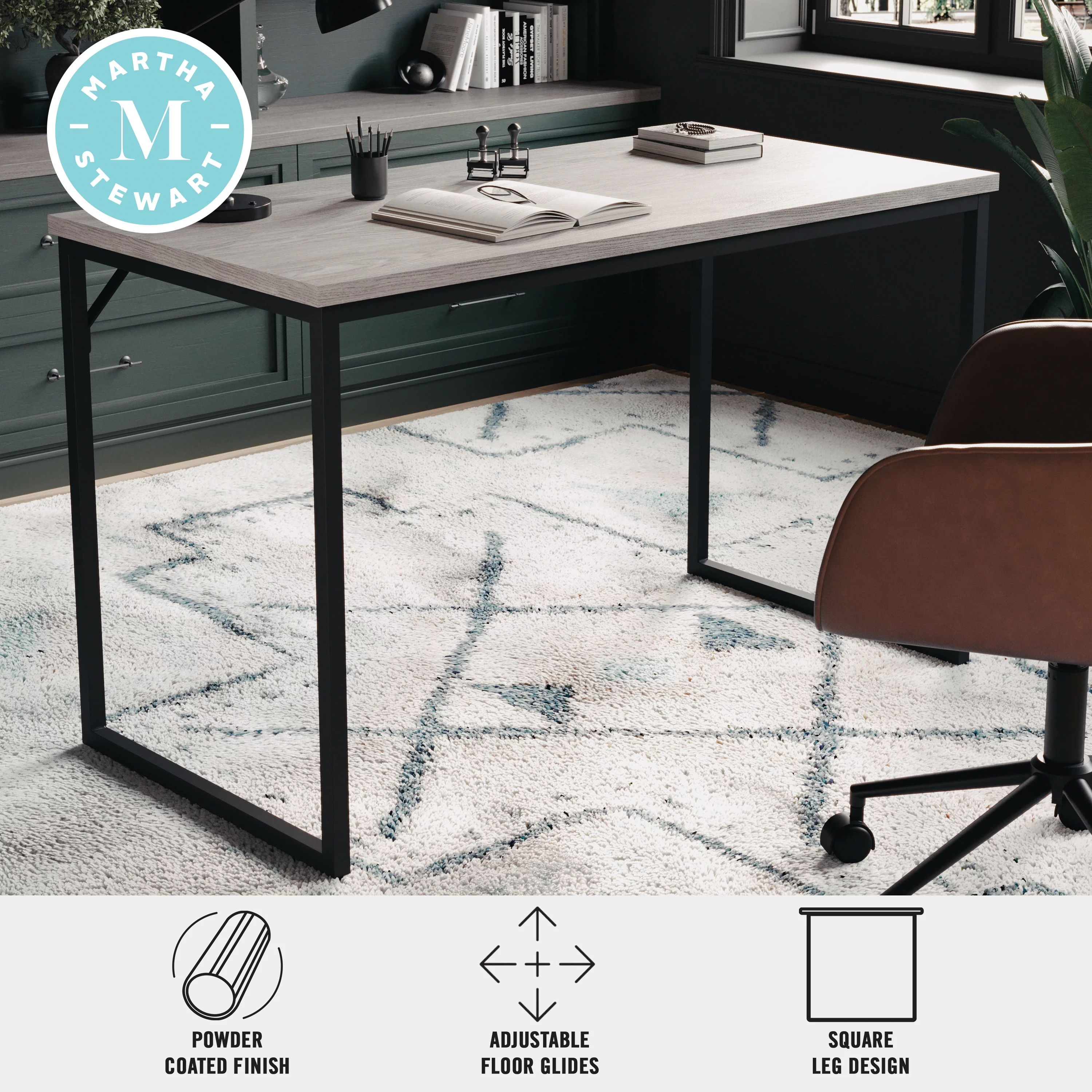 Martha Stewart Noah Home Office Parsons Desk in Gray Wood Grain with Oil Rubbed Bronze Metal Frame