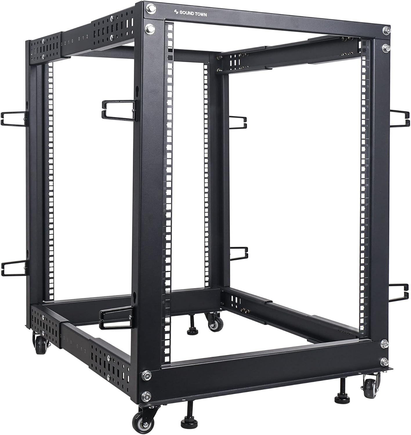 Sound Town 4-Post 12U Open Frame Sever and Network Equipment Rack with Adjustable Depth 22-40, Casters, Levelers, Cable Management (ST4POF-A12U)