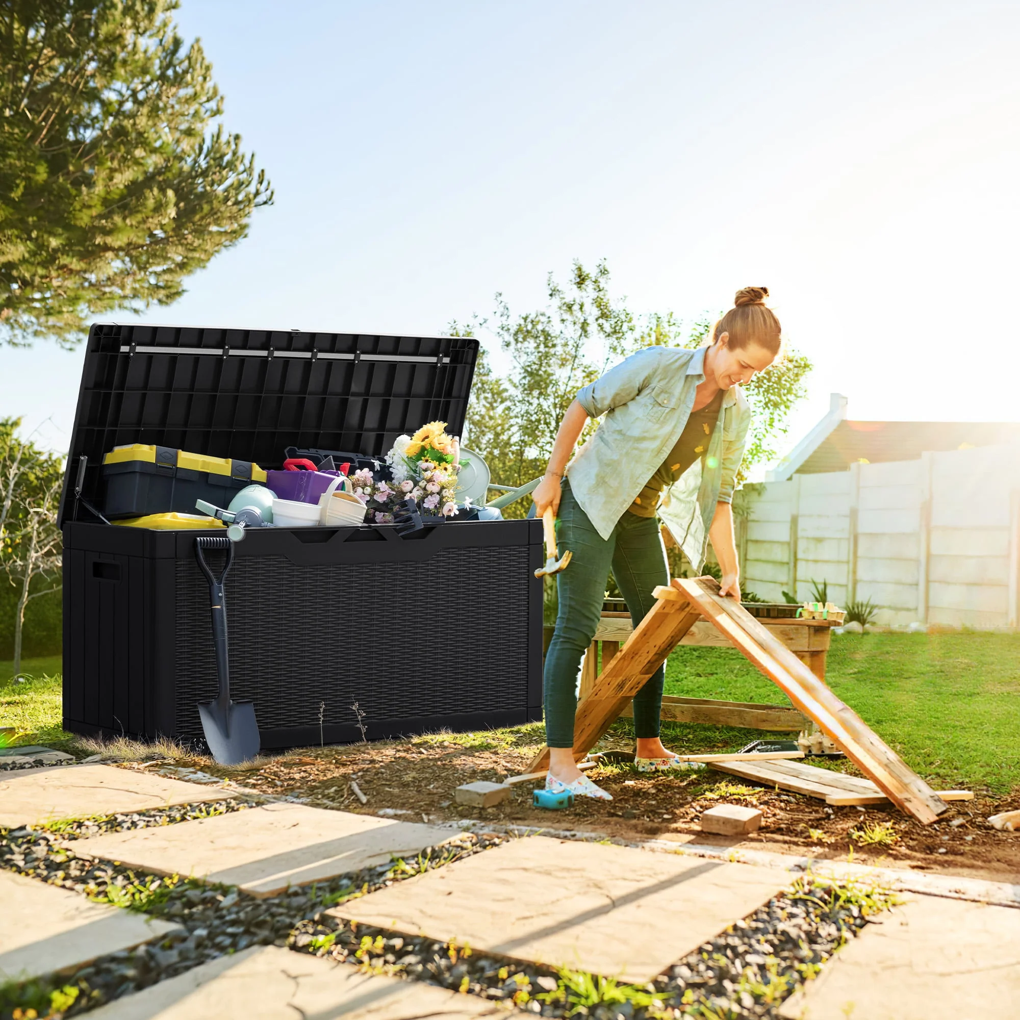 Homall 100 Gallon Outdoor Box Deck Plastic Resin Storage Box, Black