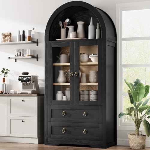 Kitchen Pantry Cabinet, Arched Bookshelf Bookcase China Pantry Storage Cabinet with Drawers Doors and Shelves