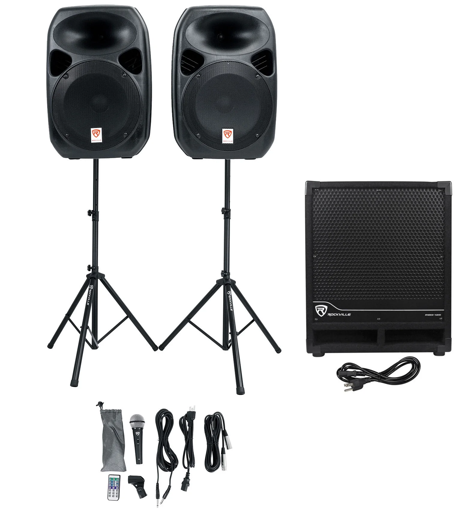 Rockville RPG122K Dual 12" Active Bluetooth Speakers+Mic+Stands+Subwoofer+Cables - Curated Treasures Market