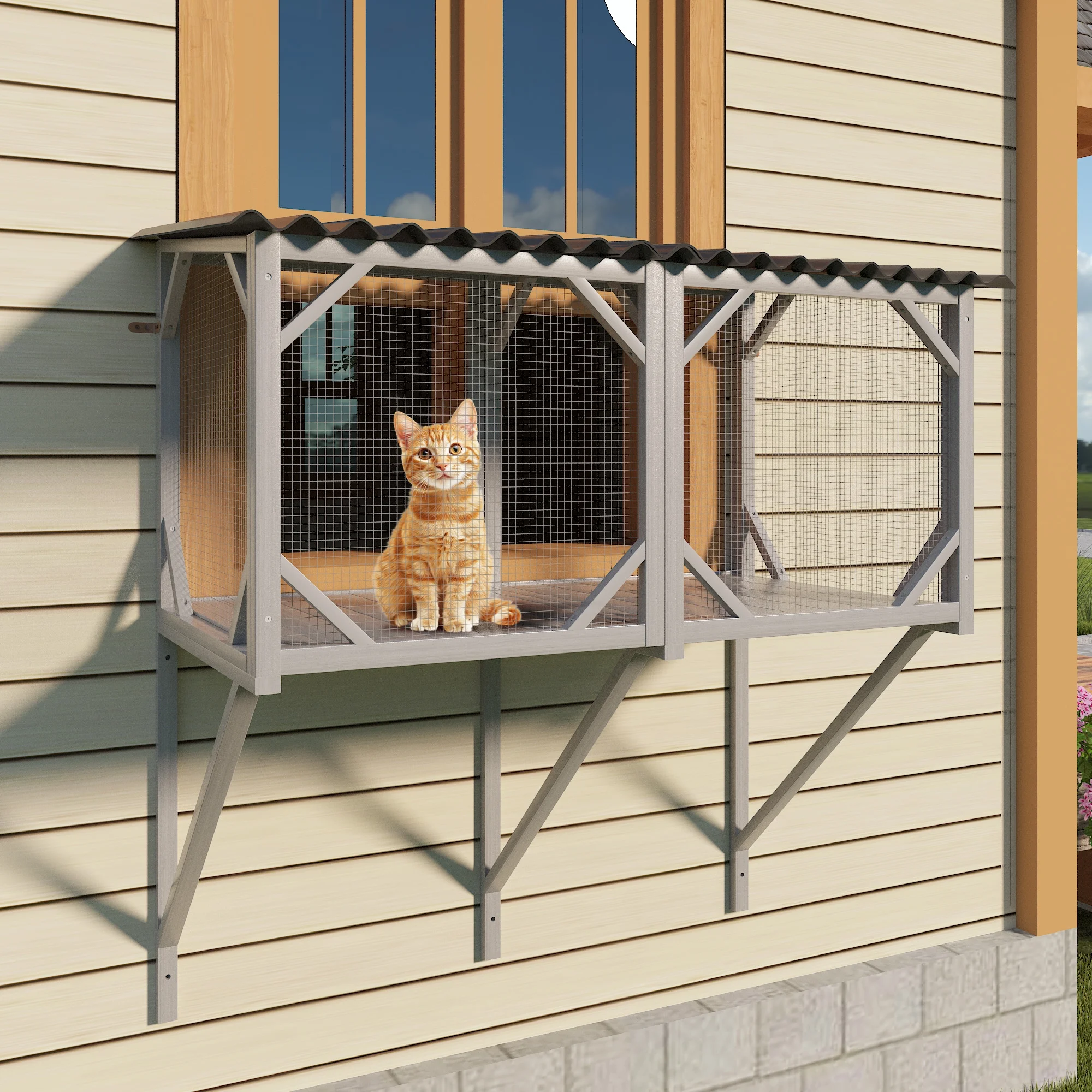 Montary Catio Outdoor Cat Enclosure with Window Access, 4-Tier Cat House with Wheels, Waterproof Roof &amp; Resting Box, Large Gray Cage