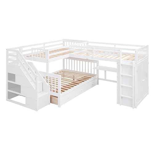 L-Shape Triple Bunk Beds with Stairs and Desk, Wood Twin-Over-Full Bunk Bed with Storage Wardrobe, Shelves and Drawers