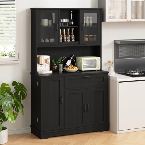 Shintenchi Kitchen Pantry Storage Cabinet, Freestanding Buffet Cabinet with Microwave Stand & 4 Door Shelves, Kitchen Hutch with Doors