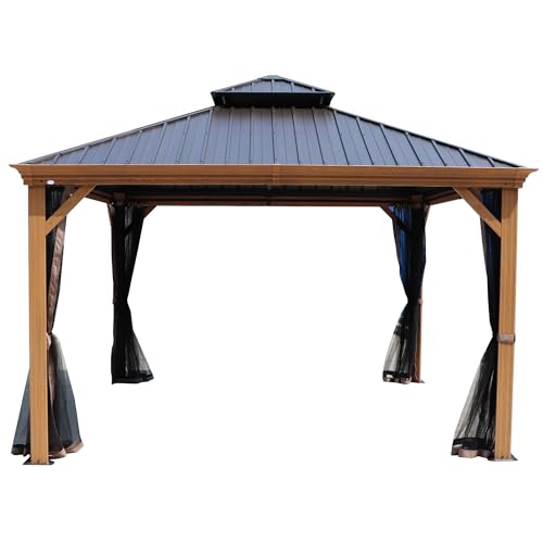 Kozyard Apollo 10’x12’ Hardtop Gazebo, Wooden Coated Aluminum Frame Canopy with Galvanized Steel Double Roof