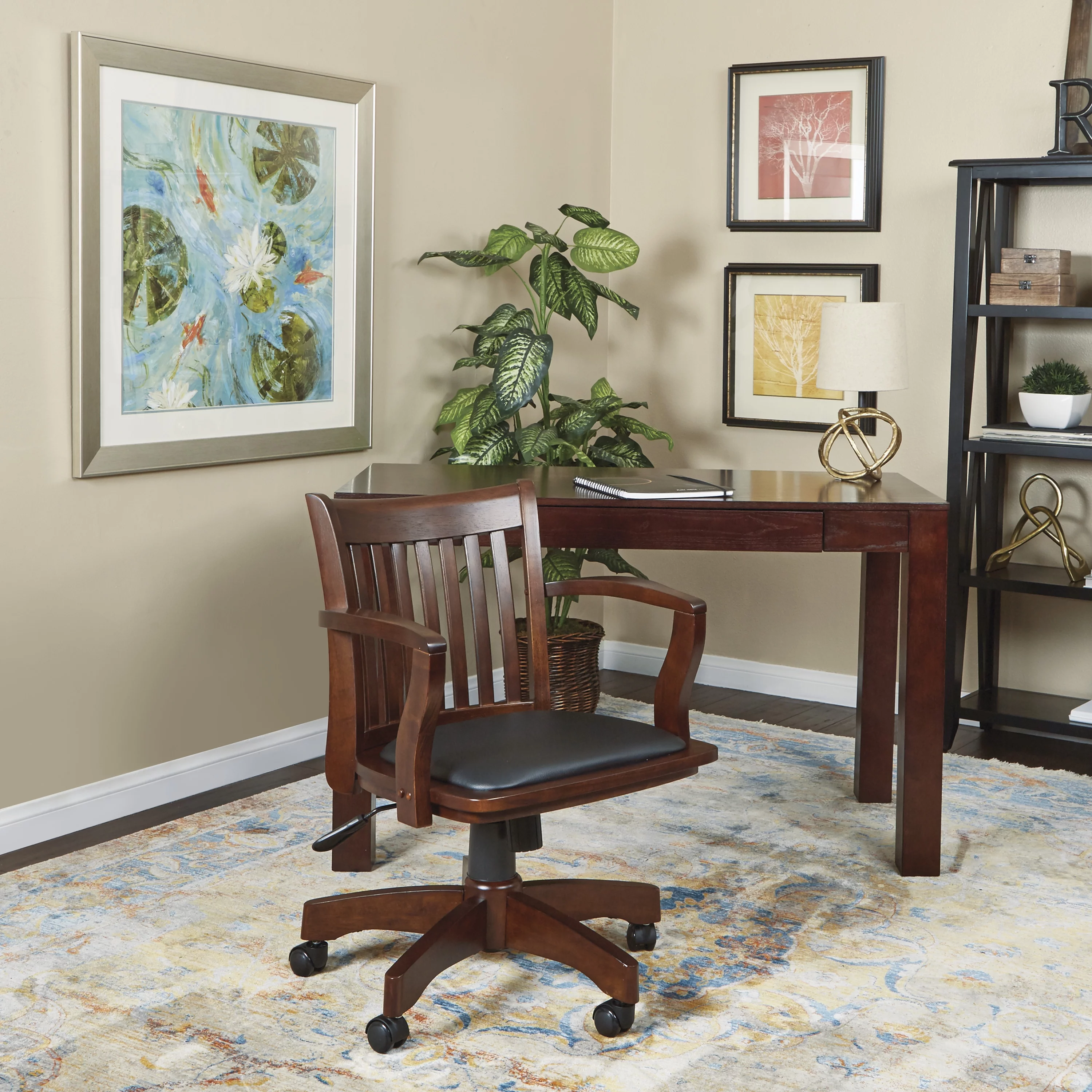 OSP Home Furnishings Deluxe Wood Bankers Chair with Vinyl Padded Seat in Espresso Finish and Black Vinyl Fabric