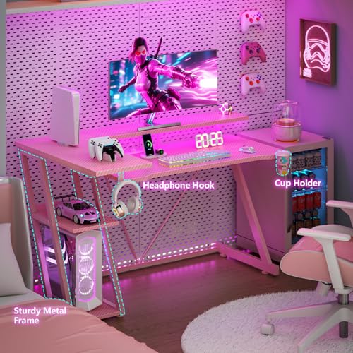 55 Inch Gaming Desk with Power Outlet & LED Lights, L Shaped Gamer Computer Table with Storage Shelves for Bedroom, Corner Home Office Desk