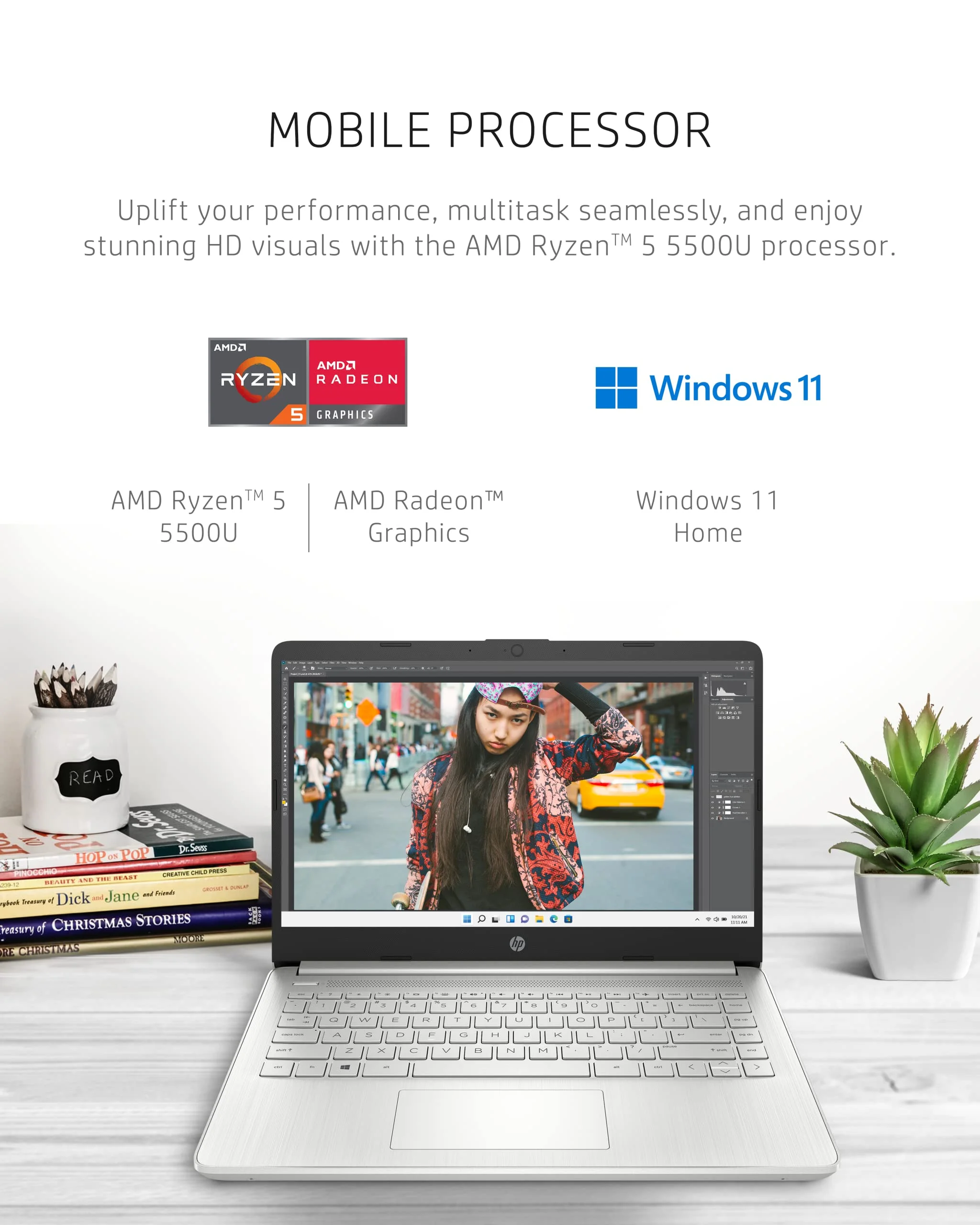 HP 14 Laptop, AMD Ryzen 5 5500U, 8 GB RAM, 256 GB SSD Storage, 14-inch Full HD Display, Windows 11 Home, Thin & Portable