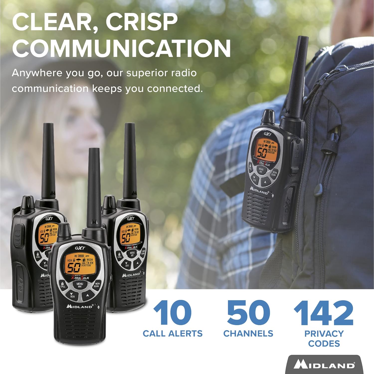 Midland 50 Channel Waterproof GMRS Two-Way Radio - Long Range Walkie Talkie with 142 Privacy Codes, SOS Siren