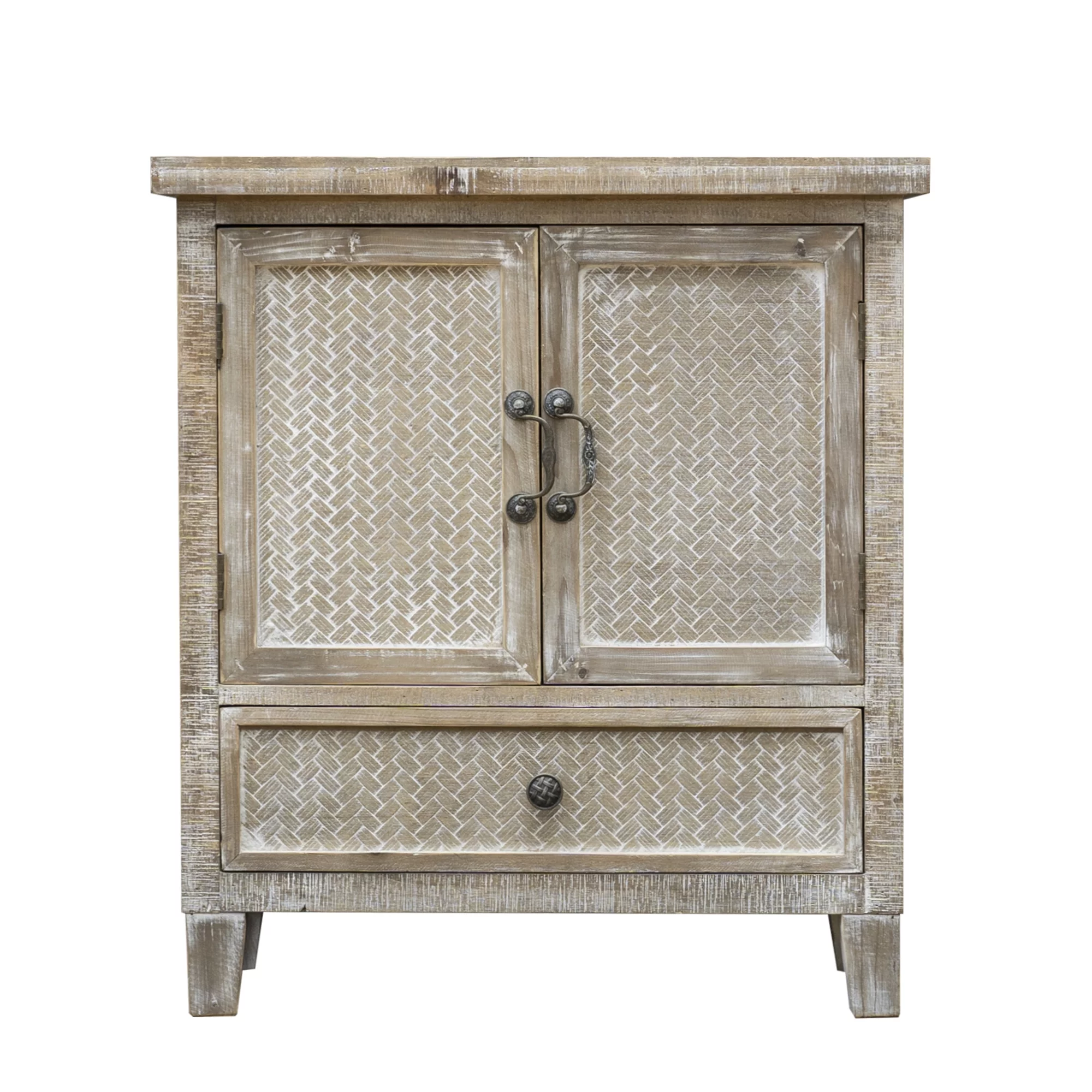 Parisloft Weathered Wood Cabinet with 1 Drawer and 2 Doors, Faux Bamboo Weaving Design, 28.125" H