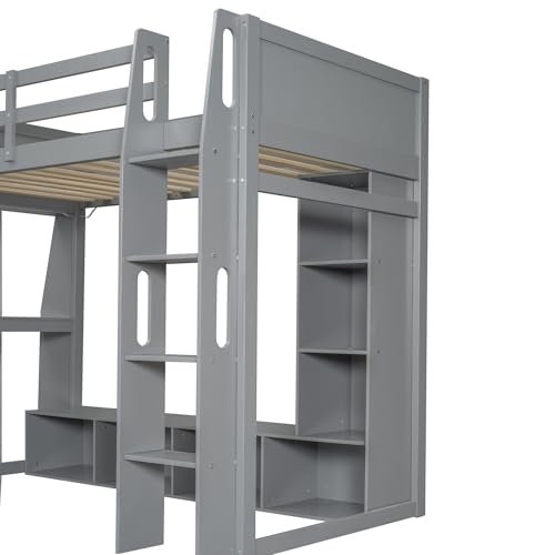 SOFTSEA Full Size Loft Bed with Desk and Storage, Solid Wood Loft Bed with Open Wardrobe and Multi-Storage Shelves