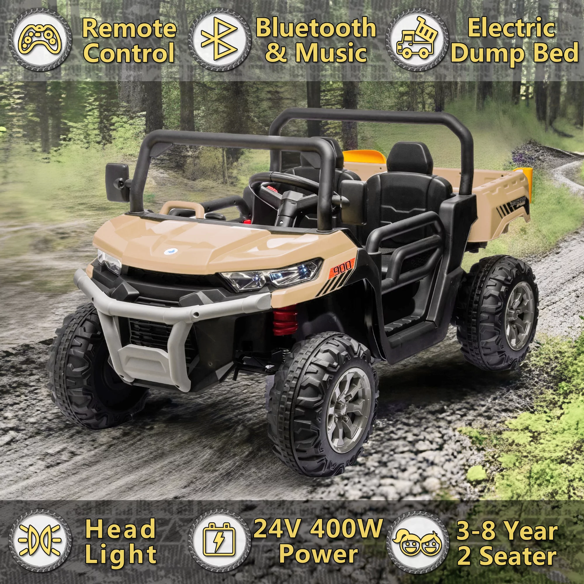 24V 2 Seater Kids Ride on Car Truck, Ride On UTV with 2x200W Motor Ride On Dump Truck, Ride On Car with Dump Bed/Shovel