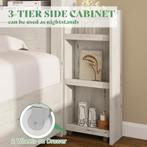 AMERLIFE Queen Bed Frame with 4 Storage Drawers, LED Platform Bed with 49" Bookcase Headboard