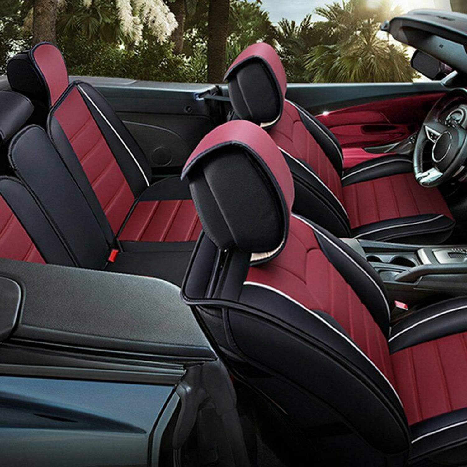 TYFYB Universal 5 Seats Wearproof PU Leather Car Seat Cover Full Set Seat Pad Protector Set Front + Rear Cushions w/Pillows Black/Beige