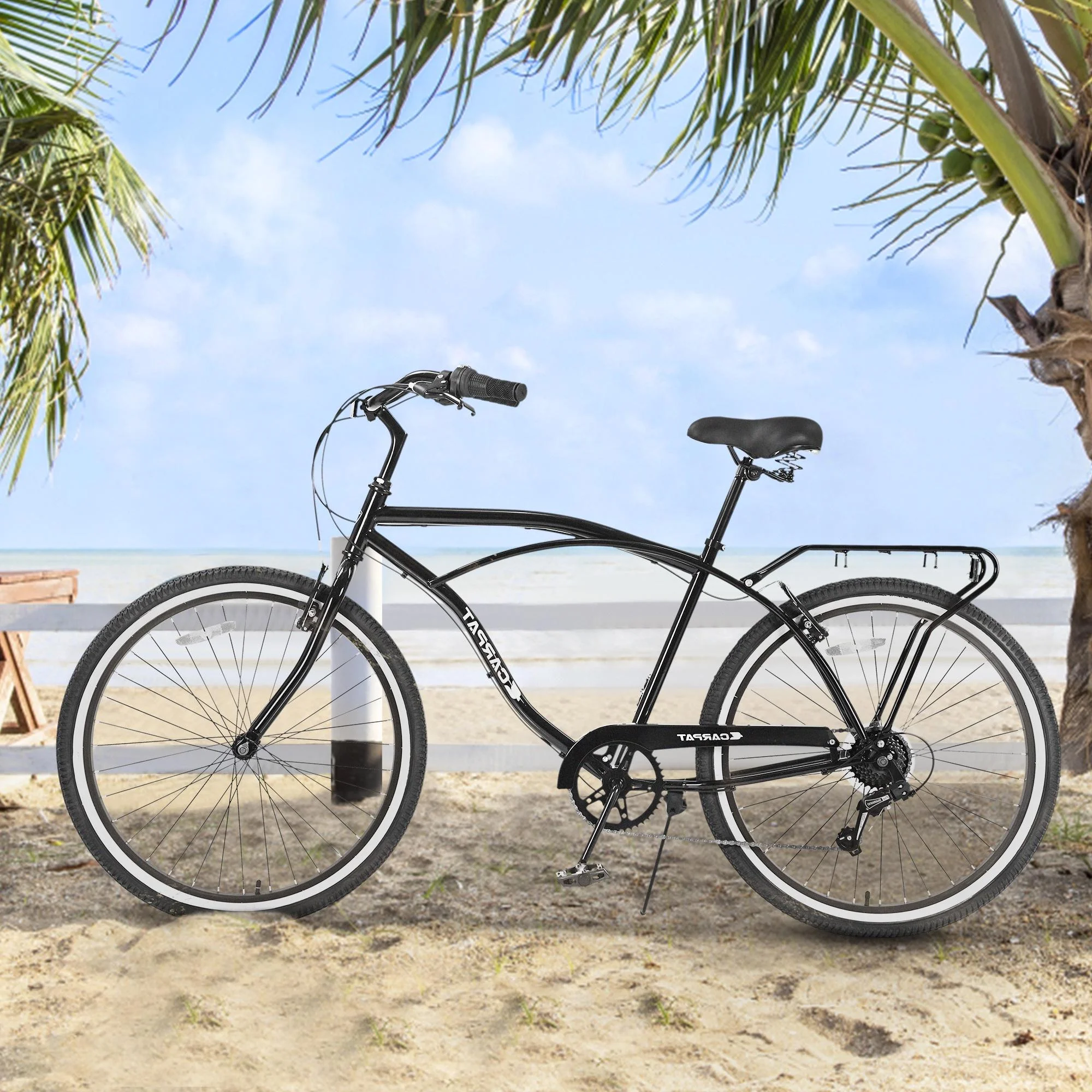 26-inch Bicycle with 7 Speeds, SEGMART Upgrade Adult Bike with Adjustable Beach Seat, Lightweight Steel Beach Cruiser Bike with Rear Cargo Rack, Black