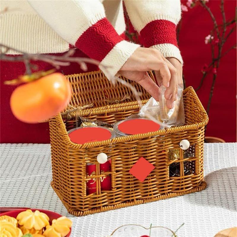 Rattan House Shaped Basket with Lid, Decorative Hand Woven Shelf Organizer with Folding Handle, Harvest Wicker Basket for Picnics, Easter, Organizing