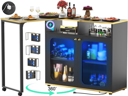 Cyclysio 59" Dining Table with LED Light, 360° Rotating Kitchen Table with Charging Station, Bar Table with Double-sided Storage
