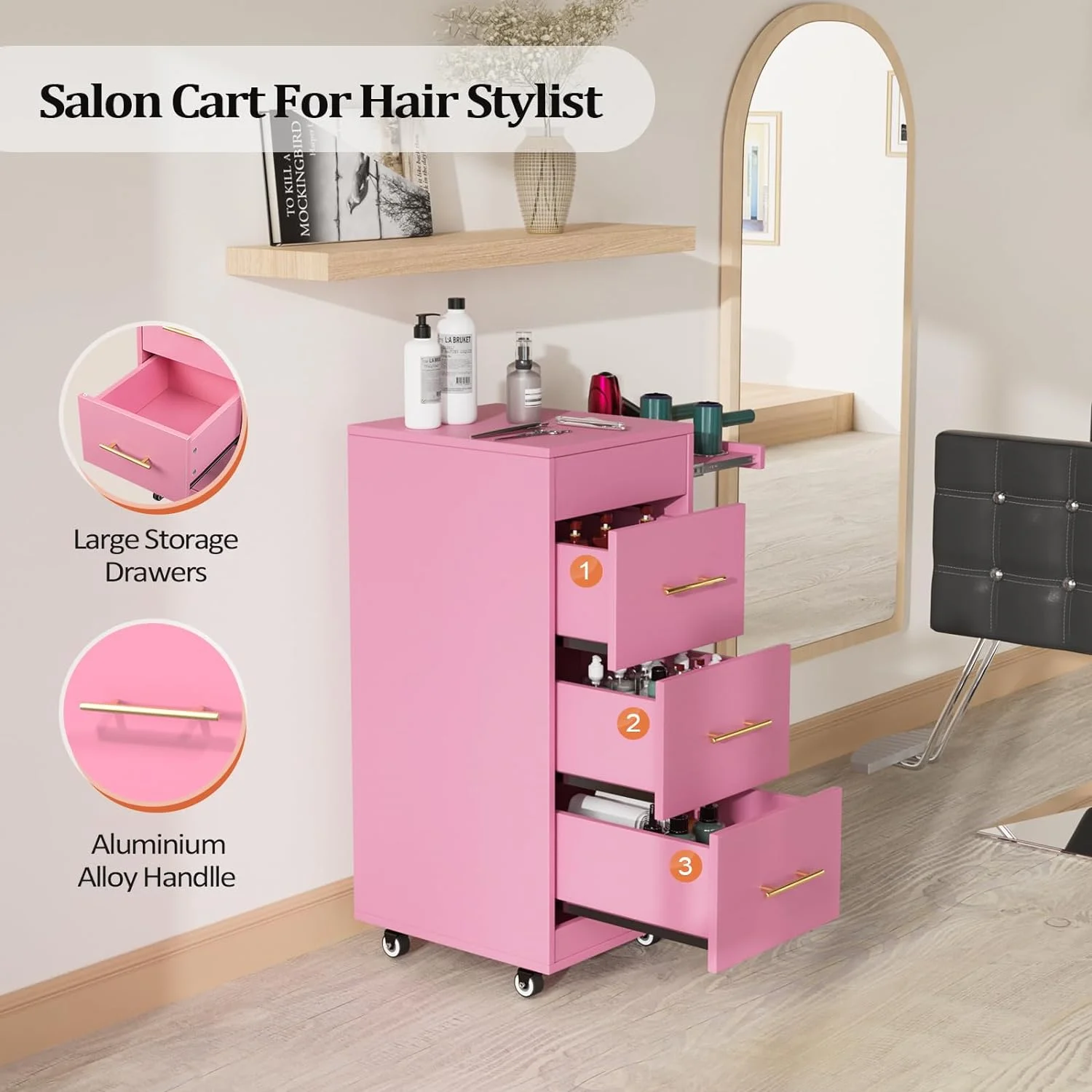 OmySalon Wood Salon Trolley Cart with Wheels, Hair Cart Mobile Storage Cabinet, Hairdressing Styling Tools Organizer