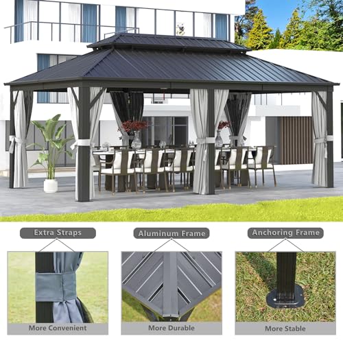 Aoxun 10' X 12' Hardtop Gazebo, Aluminum Metal Outdoor Gazebo with Galvanized Steel Double Roof