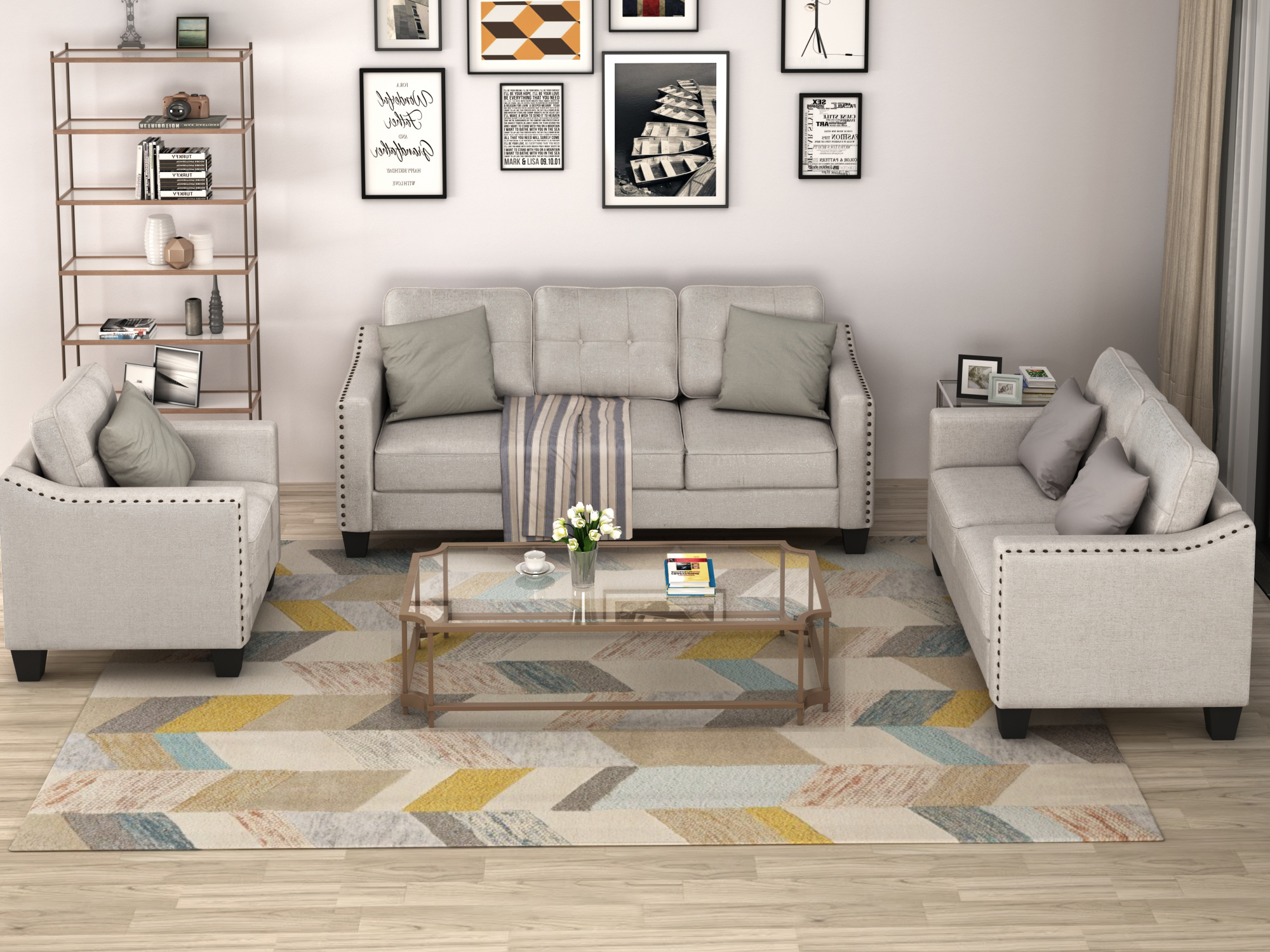 LANTRO JS 3 Piece Living Room Set with tufted cushions
