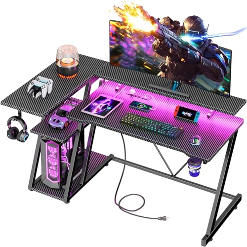 55 Inch Gaming Desk with Power Outlet & LED Lights, L Shaped Gamer Computer Table with Storage Shelves for Bedroom, Corner Home Office Desk