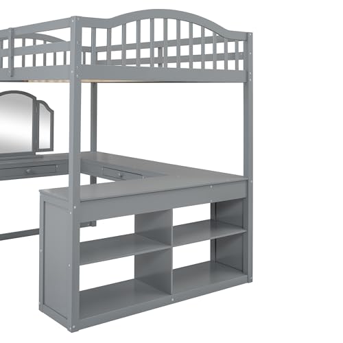 Harper & Bright Designs Full Size Loft Bed with Desk, Storage Shelves and Drawers, Solid Wood Loft Bed Frame with Built-in Wardrobe, Walnut
