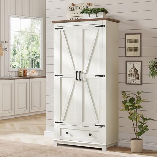 Farmhouse Kitchen Pantry Cabinet, 72" Tall Storage Cabinet with Adjustable Shelves & Barn Doors, Freestanding Kitchen Cupboard for Dining Room