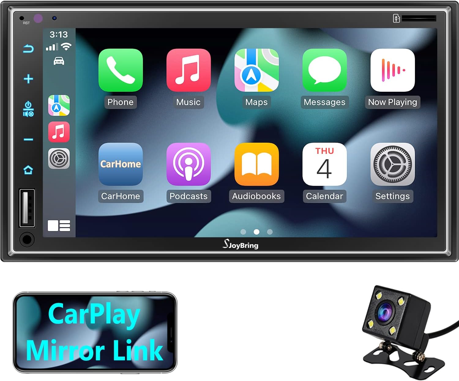 Double DIN CarPlay Multimedia Player, 7" HD Capacitive Touchscreen, Car Stereo with Backup Camera, Bluetooth, 16-Band EQ, Steering Wheel Controls