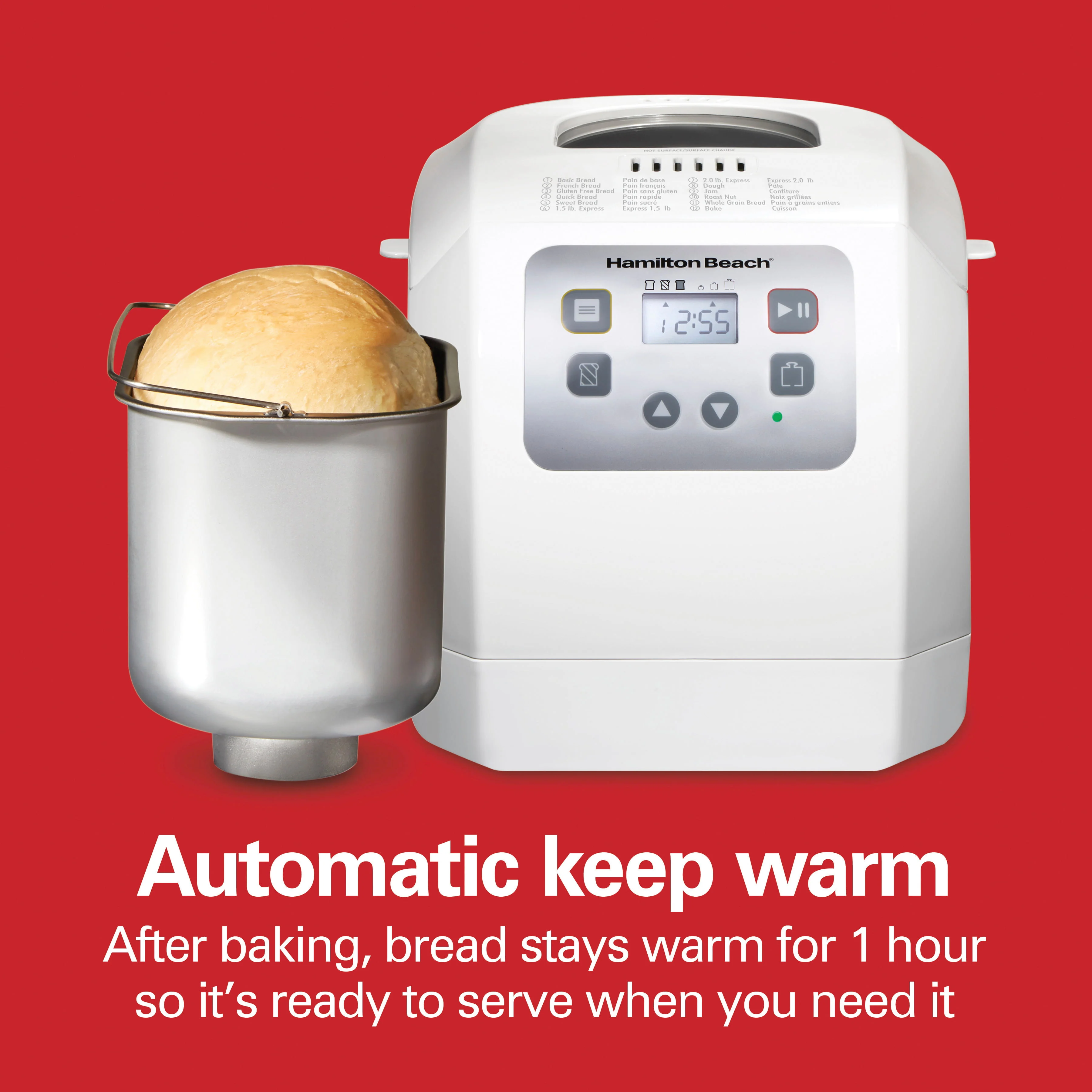 Hamilton Beach Bread Maker Machine, Digital, Programmable, 12 Settings plus Gluten Free, 2 lb Capacity, White 29981