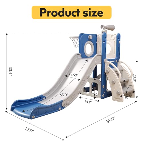 6 in 1 Toddler Playset with Slide, Kids Slide with Basketball Hoop, Ball, Ring Toss, Indoor Outdoor Toys (White Grey)