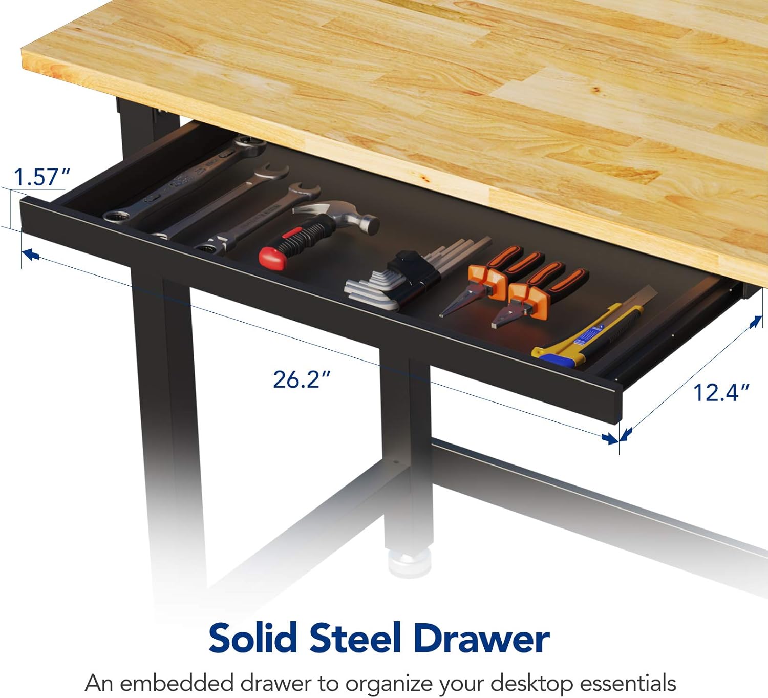 FLEXIMOUNTS Work Bench w/Drawer, 3000-lb Capacity，48“x 24“ Garage Workbench Workstation, Rubber Wood Work Table Top Heavy-Duty Steel Frame