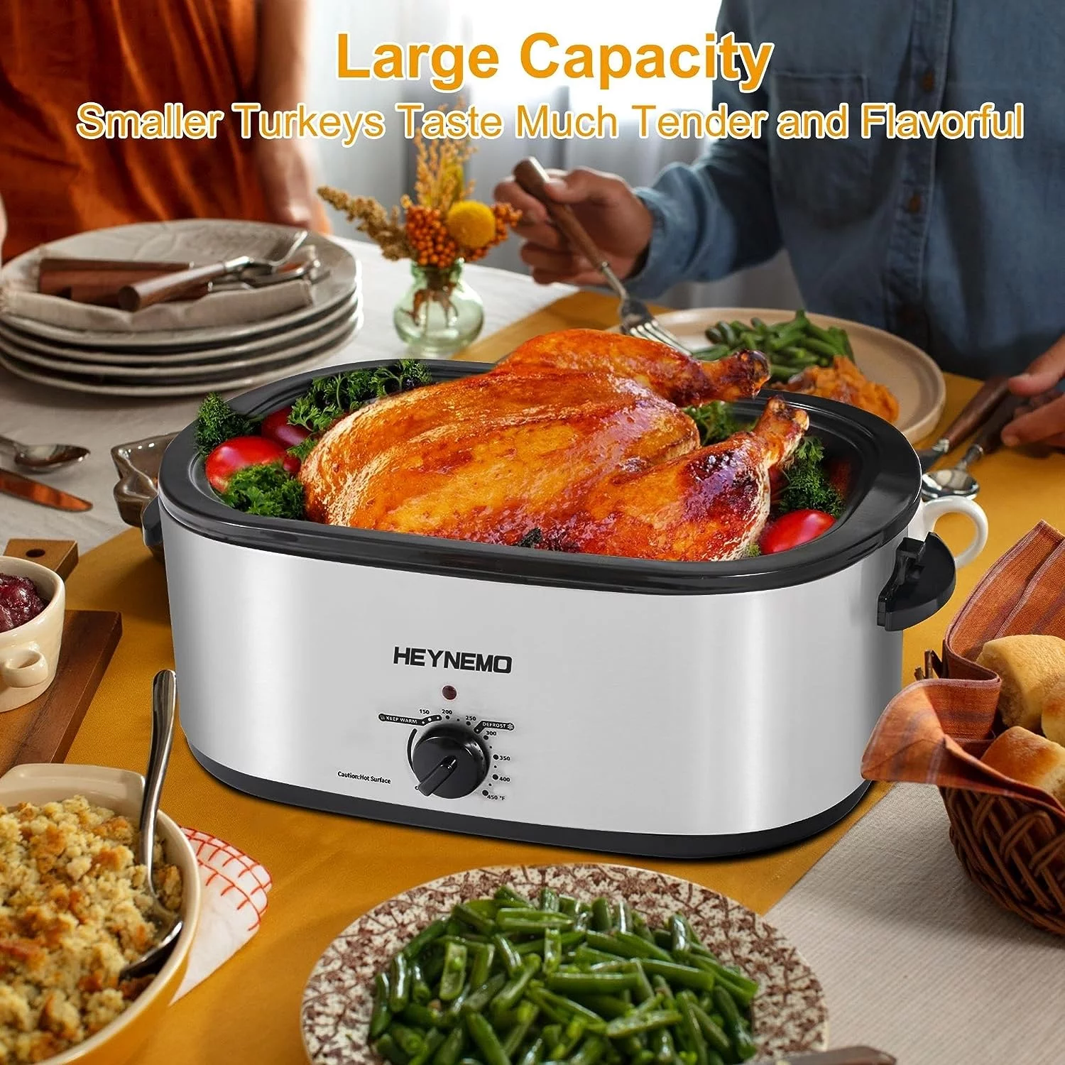 Superjoe 26 Quart Electric Roaster Oven, Stainless Steel Turkey Roaster Oven Buffet with Self-Basting Lid Removable Pan, Silver