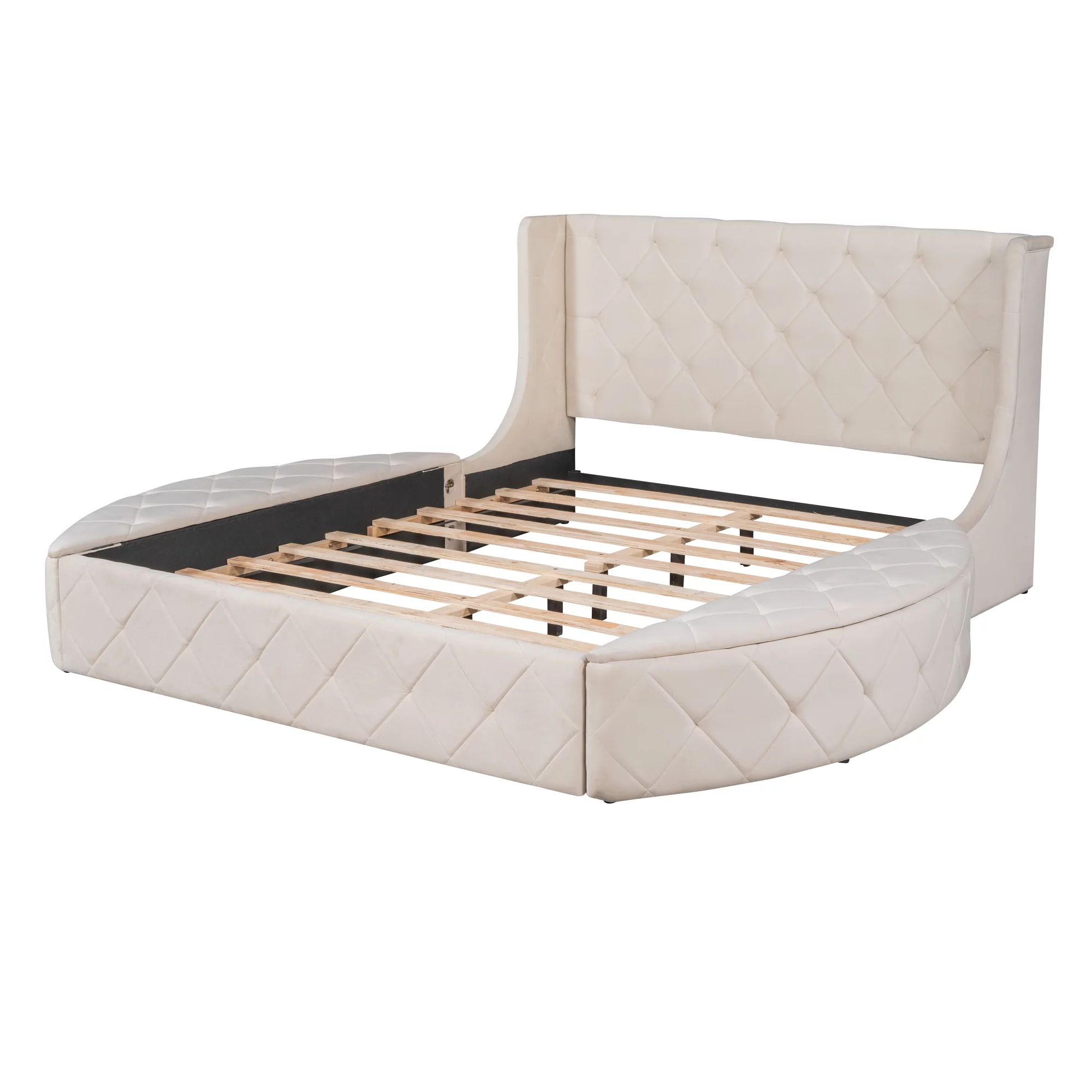Churanty Queen Upholstered Storage Velvet Platform Bed with Wingback Headboard,Storage Platform Bed Frame with Drawer and 2Side Storage Stool,Beige