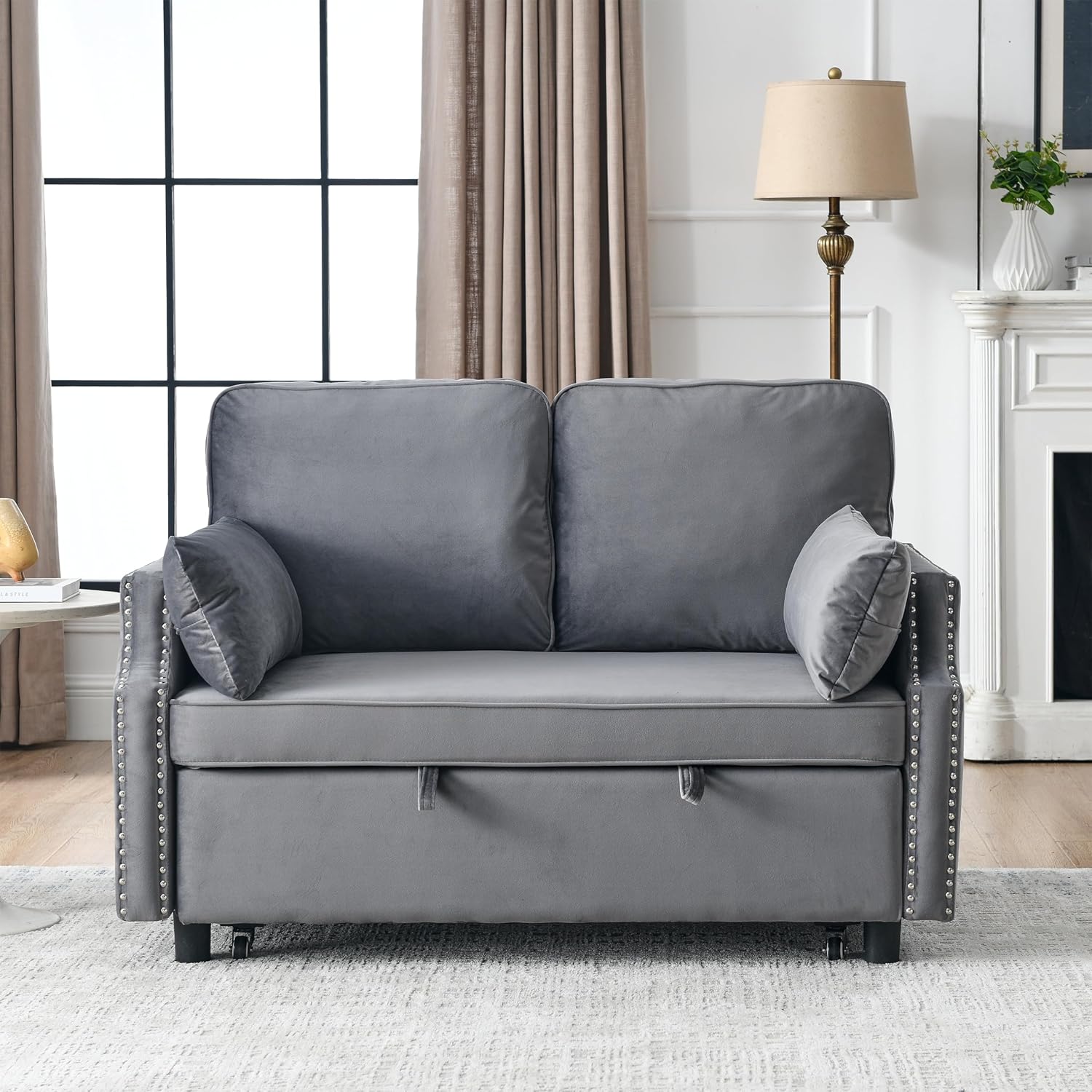 Grey Velvet Upholstered Recliner Bed with Pull-Out Sleeper Sofa Folding Loveseat Side Pockets for Living Room Abstract Lake House Modern Contemporary