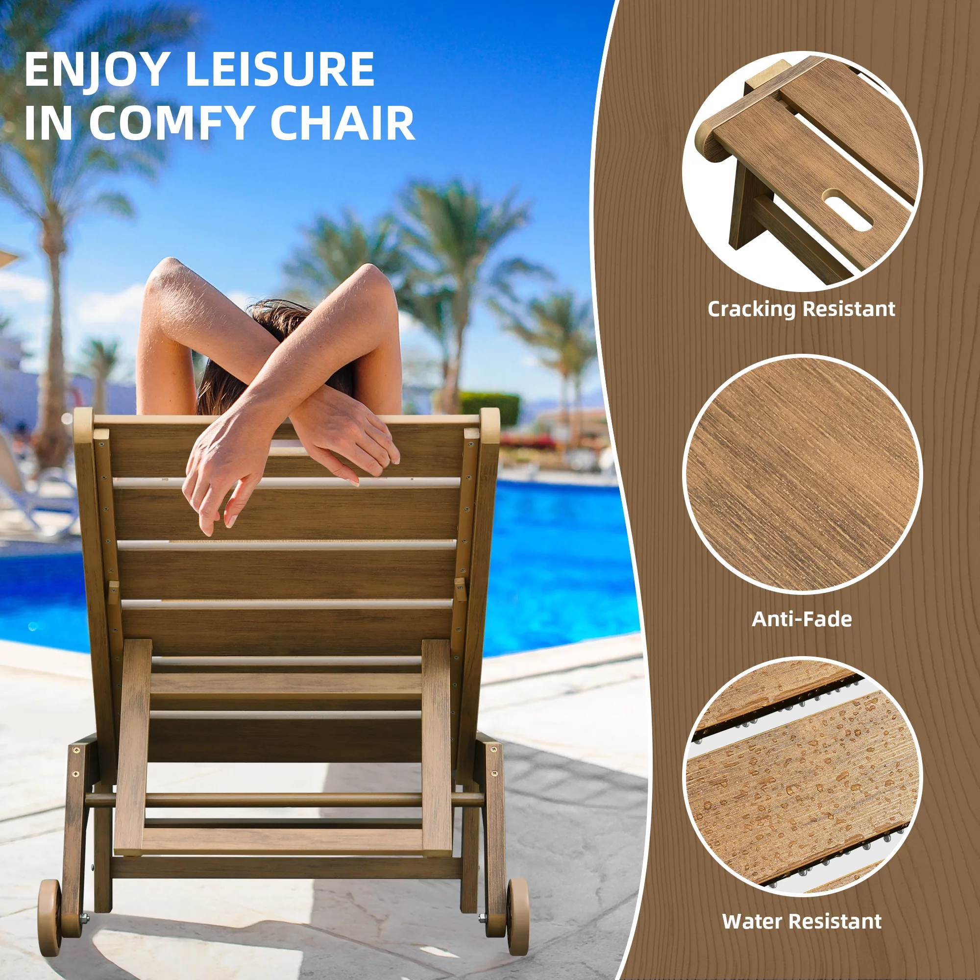 Dextrus Patio Chaise Lounge Chair With Wheel, Weather Resistant Poly Resin Fire Pit Chairs for Patio Pool Deck Lawn and Garden, Brown