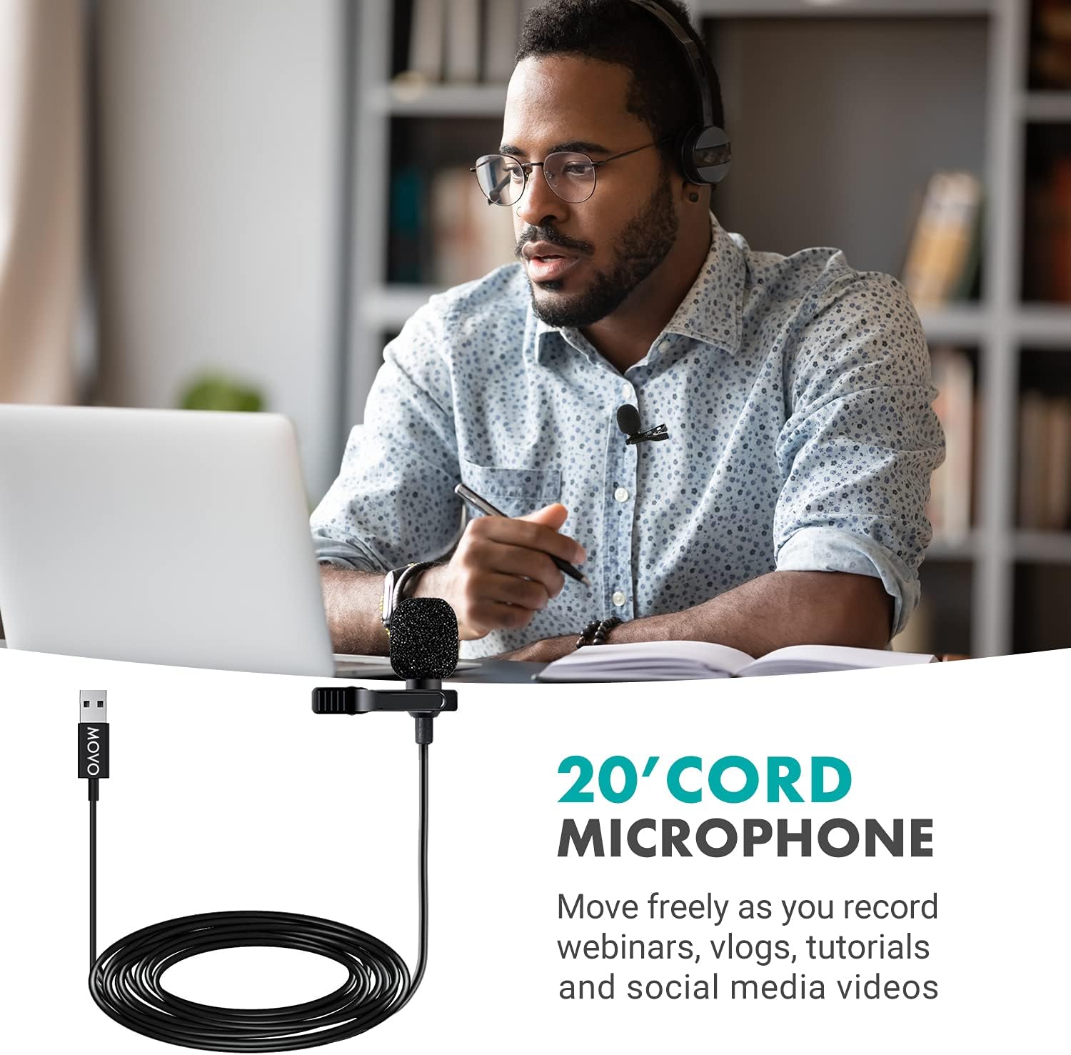 Movo M1 USB Lavalier Lapel Clip-on Omnidirectional Computer Microphone for Laptop, PC and Mac, Perfect Podcasting, Gaming