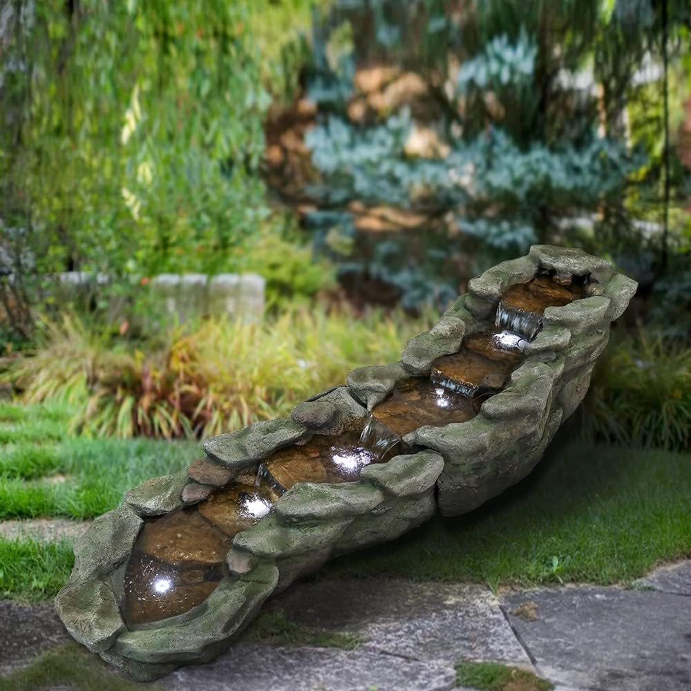 SunJet Outdoor Rock Water Fountain with LED Lights, 83.4" L x 22" W x 20" H River Stream Waterfall Feature for Home Garden, Yard, Patio, Deck Decor
