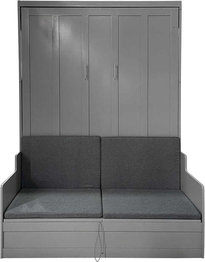 Queen Size Murphy Bed with Desk & Charging Station,Wall Bed Frame Folding into Cabinet Design w/LED & Storage Shelf for Small Space,Bedroom