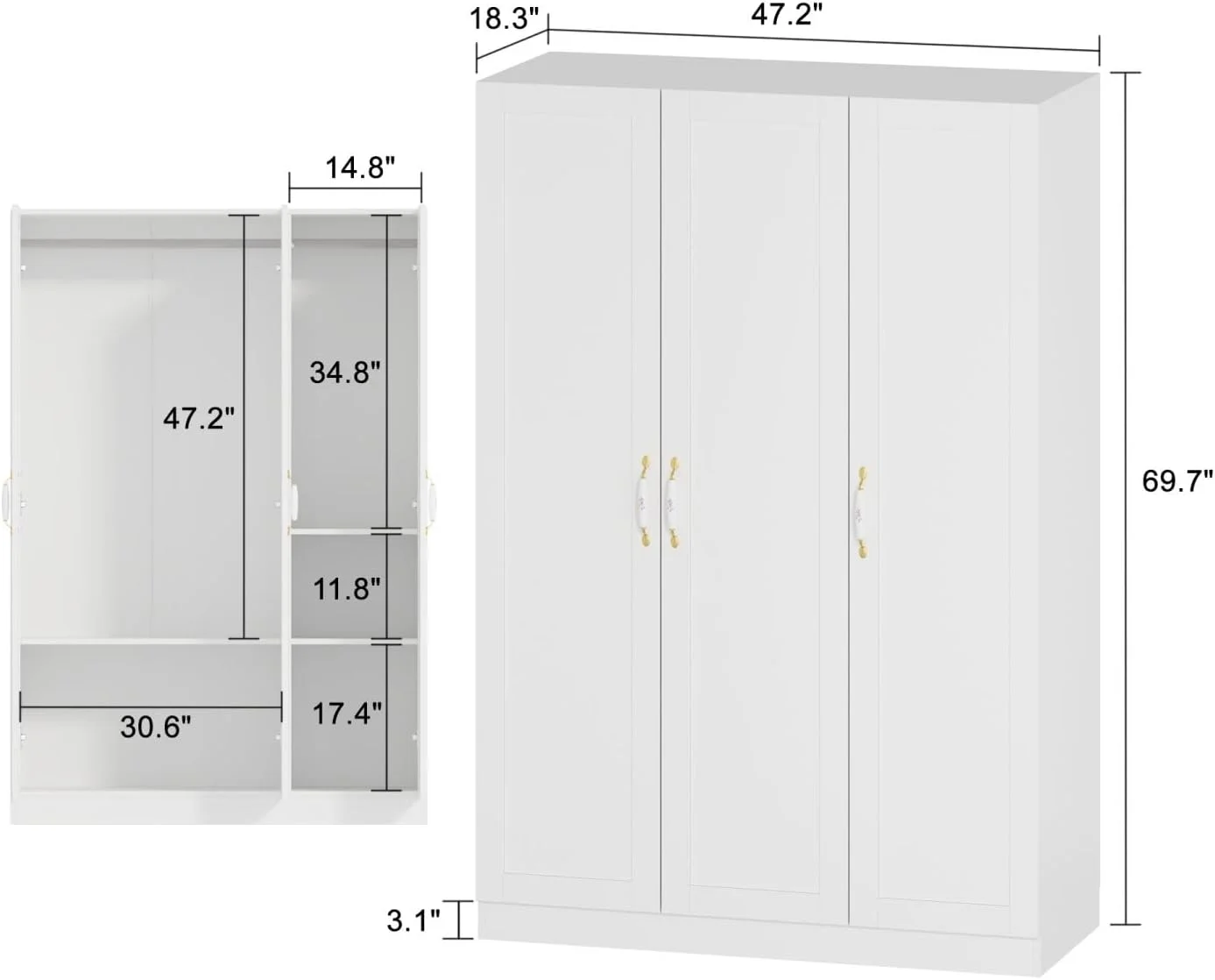 3 Door Wardrobe Closet with Ceramic Handles, Armoire Wardrobe Closet with Hanging Rod, Armoire with Shelves
