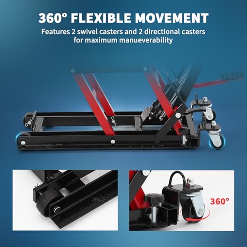 Hydraulic Motorcycle Lift Jack 1500Lb Capacity ATV Scissor Jack with 4.7-14.57in Height Adjustment, Non-Slip Platform & 360° Swivel Casters