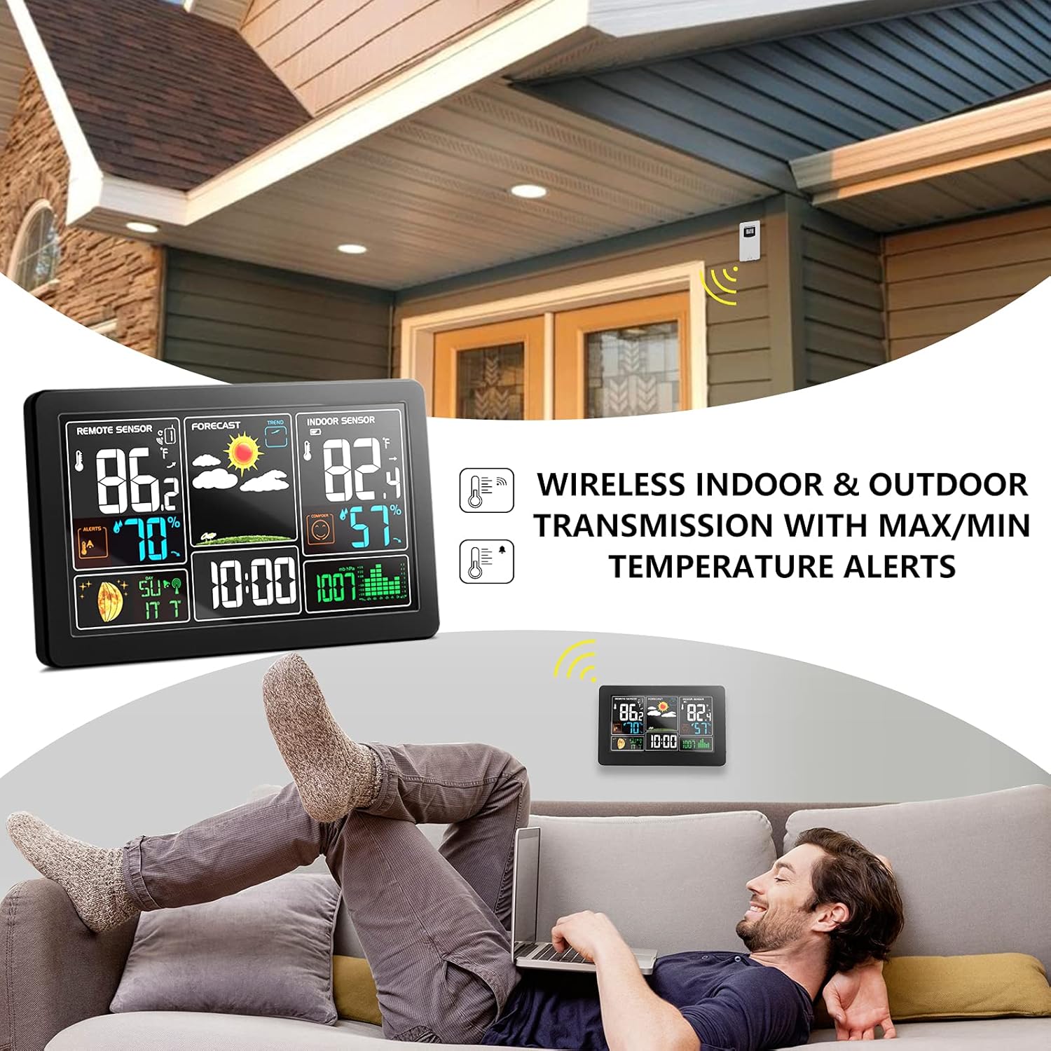 KALEVOL Weather Station Indoor Outdoor Thermometer Wireless Color Display Digital Temperature Humidity Monitor