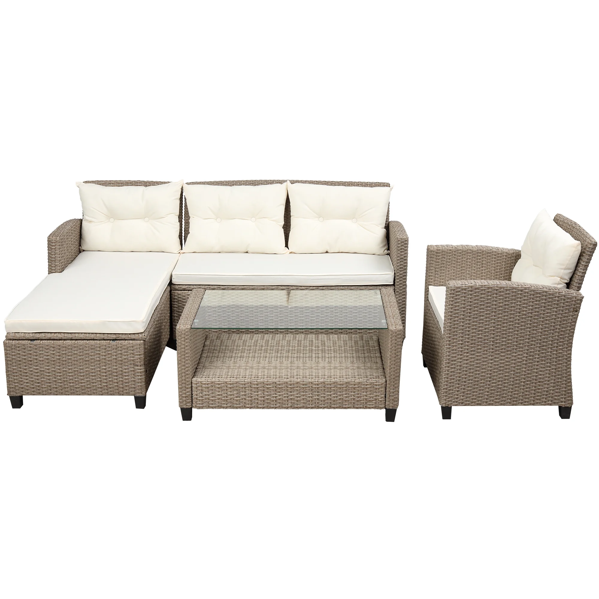 Dcenta Living room, Outdoor, Patio Furniture Sets, 4 Piece Conversation Set Wicker Rattan Sectional Sofa with Seat Cushions, Beige Brown