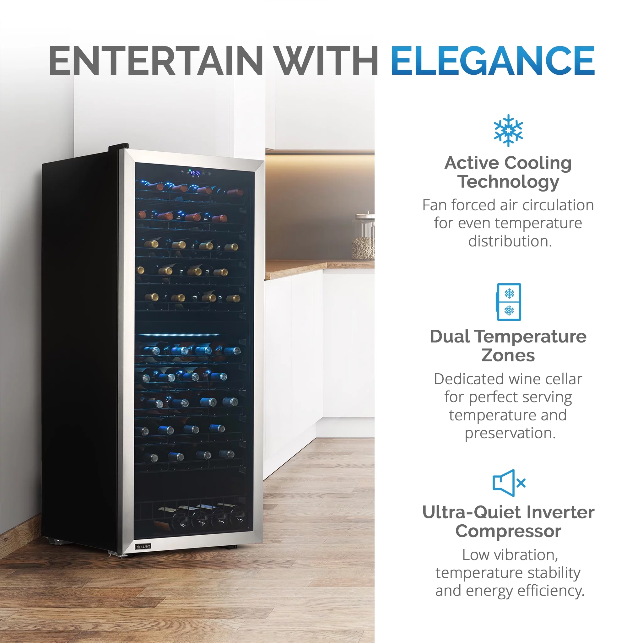 Newair Freestanding Wine Refrigerator, 98 Bottle Dual Zone Compressor Wine Fridge in Stainless Steel