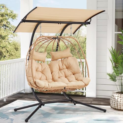 YOLENY Oversized Double Egg Chair with Adjustable Canopy, Patio Hanging Swing Chair, Hammock Chair with Cushion