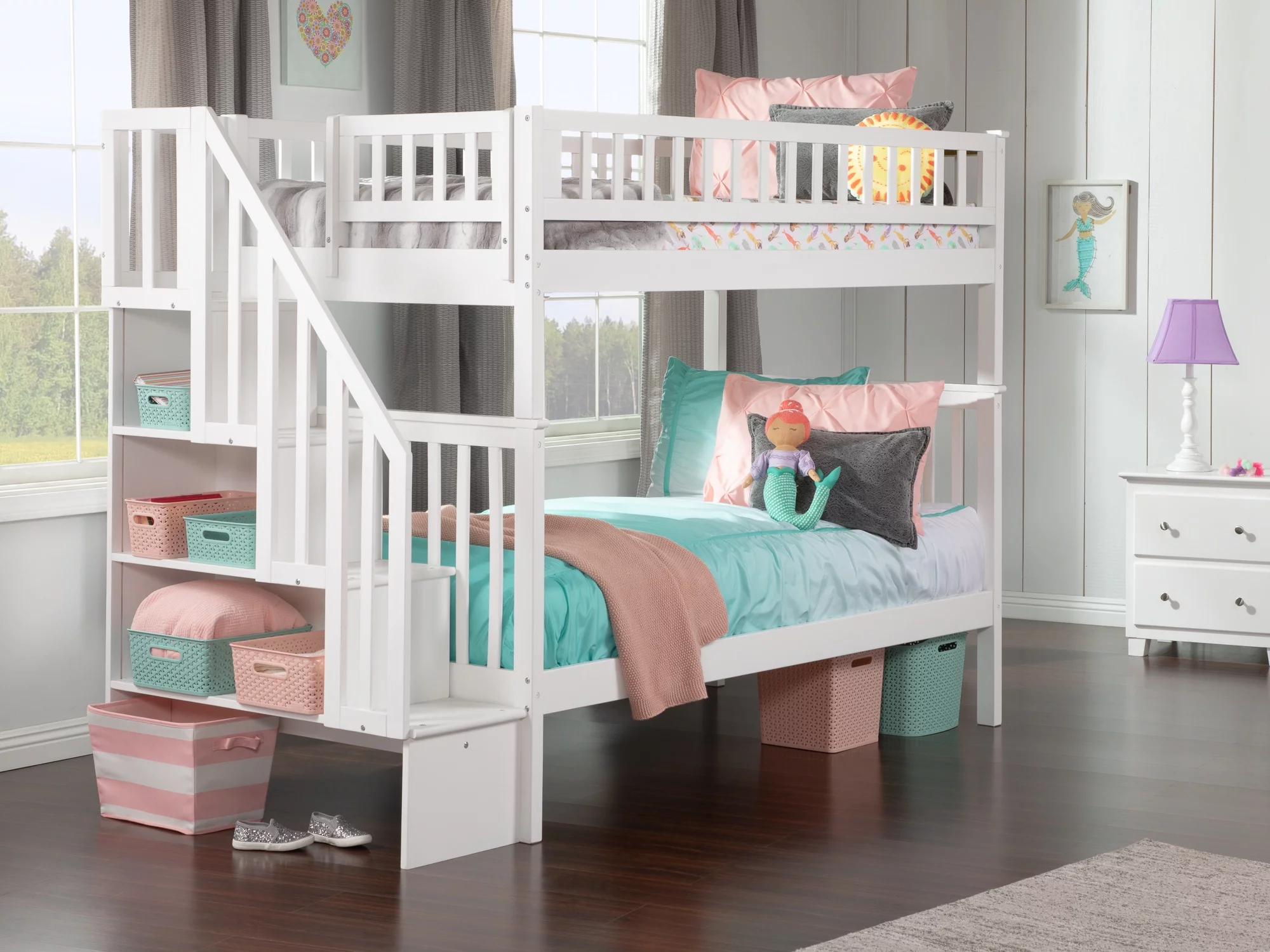 AFI Woodland Twin Over Twin Solid Wood Staircase Bunk Bed in White