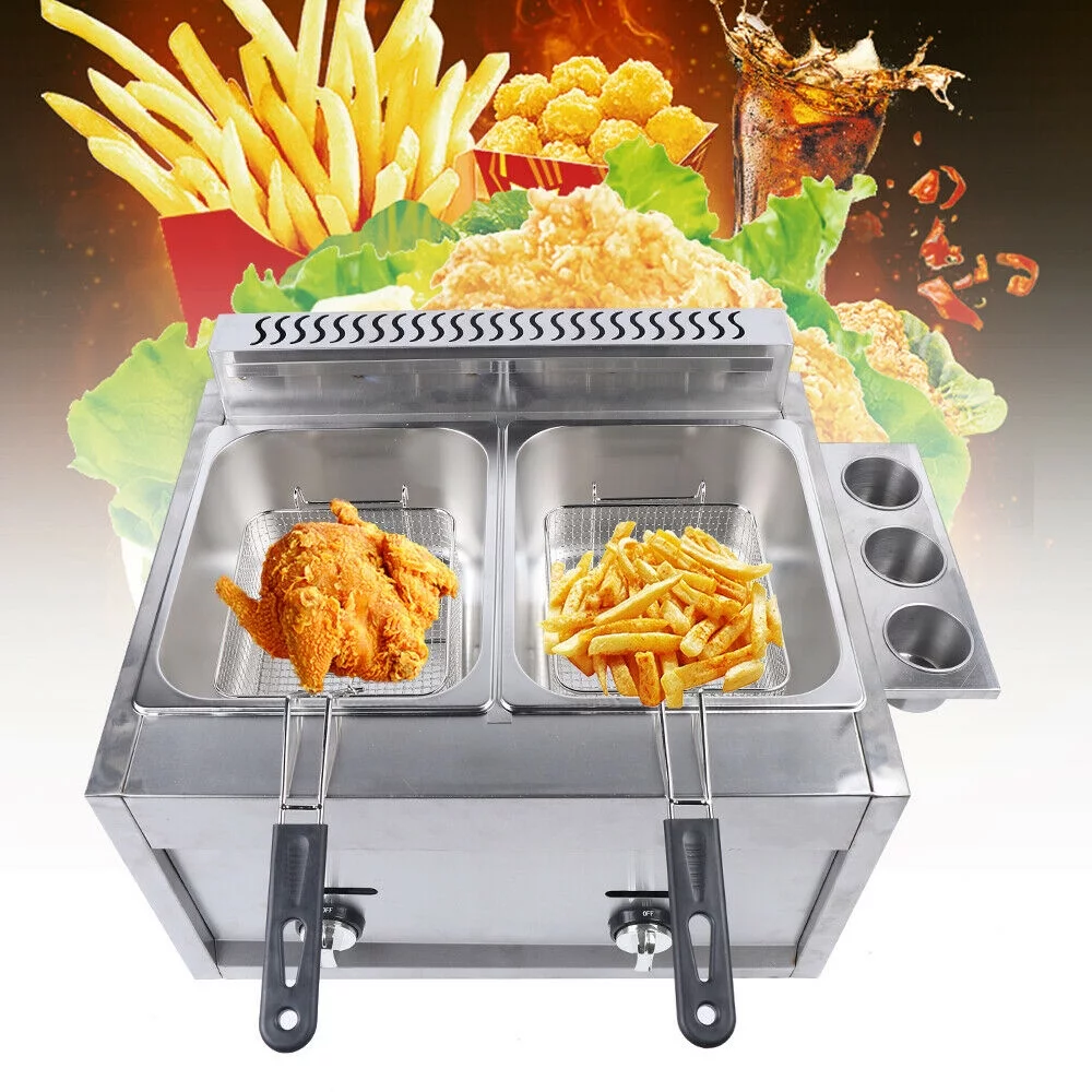 CNCEST Commercial 2 Burner Deep Fryer Propane Gas Fryer Propane LPG 2 Basket Stainless Steel