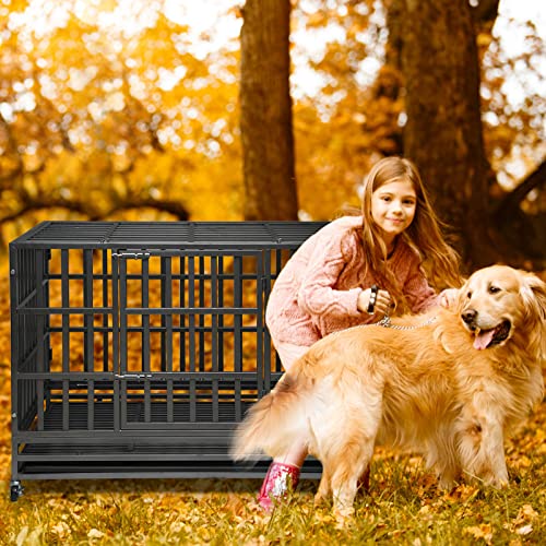 Enhanced Heavy Duty Dog Kennel Crate Cage with Strong Metal Frame, Double Doors and Lockable Wheels, for Extra Large Dog Breeds, Pet Playpen (Square