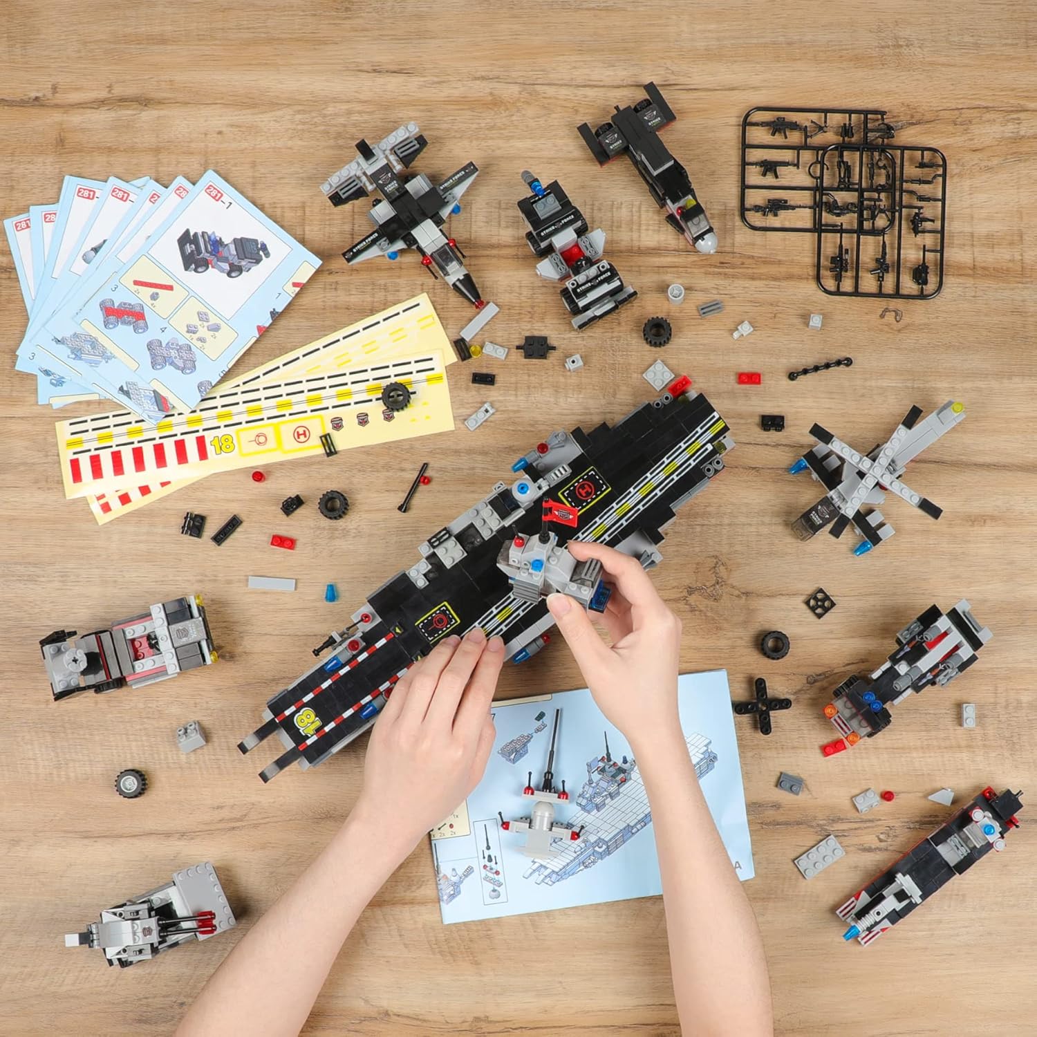 1630 Pieces Aircraft Carrier Building Blocks Set, City Police Military Battleship Building Toy with Army Car, Helicopter, Airplane, Warship, Boat